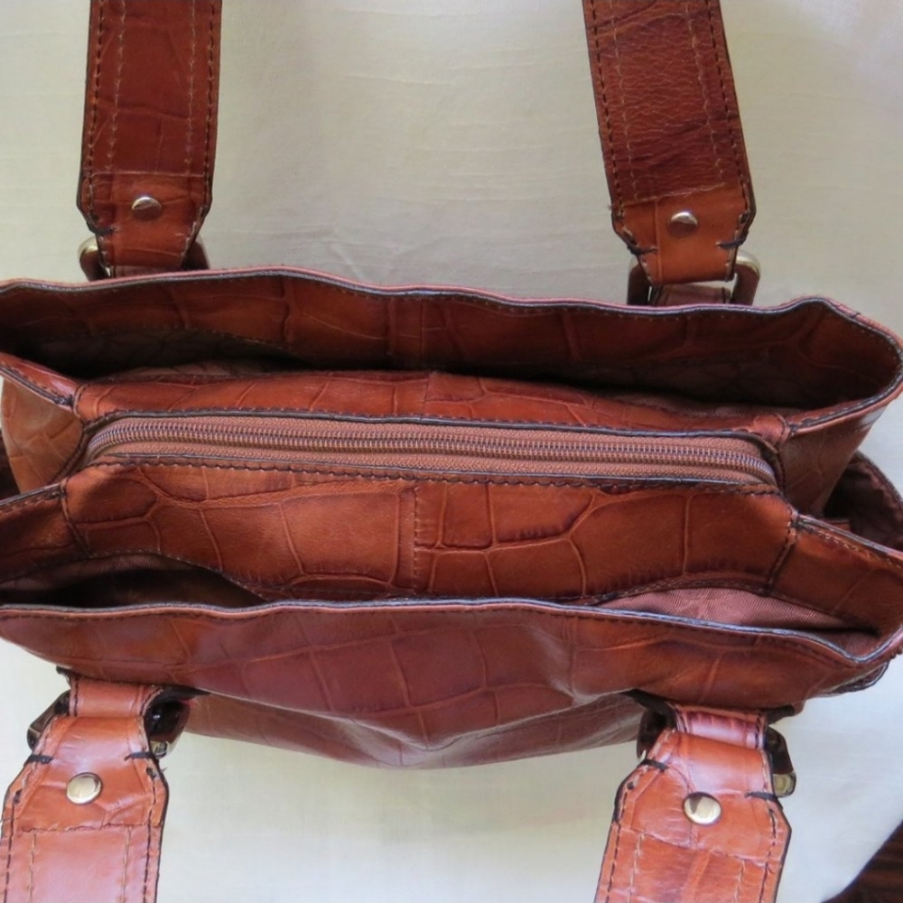 FOSSIL Croc Embossed Leather Shoulder Bag Purse 12" x 8" - Brown - Picture 10 of 16